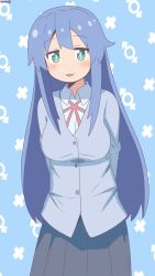Rule 34 | 1girl, :3, :d, aqua eyes, arms behind back, bambi2000line, black skirt, blue background, blue hair, commentary, fujimi nemu, grey jacket, highres, jacket, light blush, long hair, long sleeves, looking at viewer, male-female symbol, neck ribbon, onii-chan wa oshimai!, open mouth, red ribbon, ribbon, shirt, simple background, skirt, smile, solo, very long hair, white shirt