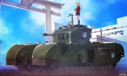 Rule 34 | 10s, 2girls, artist name, black footwear, black skirt, blonde hair, boots, braid, churchill (tank), cloud, cloudy sky, commentary request, cup, darjeeling (girls und panzer), day, emblem, epaulettes, girls und panzer, hamushima, holding, jacket, long sleeves, looking at another, looking to the side, military, military uniform, military vehicle, miniskirt, motor vehicle, multiple girls, orange hair, orange pekoe (girls und panzer), outdoors, pleated skirt, red jacket, saucer, short hair, signature, skirt, sky, st. gloriana&#039;s (emblem), st. gloriana&#039;s military uniform, standing, tank, teacup, torii, traffic light, twin braids, uniform, utility pole