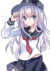 Rule 34 | 1girl, anchor symbol, black sailor collar, black skirt, blue eyes, commentary request, cowboy shot, fathom, flat cap, hat, hibiki (kancolle), highres, kantai collection, long hair, long sleeves, looking at viewer, neckerchief, one-hour drawing challenge, pleated skirt, red neckerchief, sailor collar, school uniform, serafuku, silver hair, simple background, skirt, solo, white background