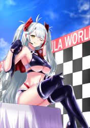 Rule 34 | 1girl, :p, ;), absurdres, armpits, azur lane, blue sky, boots, breasts, cipher engage, cloud, crossed legs, day, grey eyes, grey hair, highres, jacket, jacket on shoulders, large breasts, latex, long hair, looking at viewer, mole, mole on breast, official alternate costume, one eye closed, outdoors, prinz eugen (azur lane), prinz eugen (final lap) (azur lane), race queen, sideboob, sitting, sky, smile, solo, thigh boots, thighhighs, tongue, tongue out, underboob, yellow eyes