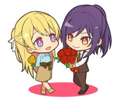 Rule 34 | 2girls, :d, bang dream!, holding behind back, black footwear, blonde hair, blue shirt, bouquet, brown pants, brown skirt, brown suit, brown vest, chibi, collared shirt, commentary request, flower, formal, full body, hair ribbon, half updo, holding, holding bouquet, holding flower, long sleeves, looking at another, multiple girls, necktie, open mouth, pants, ponytail, purple eyes, purple hair, red eyes, red flower, red neckwear, red rose, ribbon, rose, seta kaoru, shirasagi chisato, shirt, sidelocks, simple background, skirt, smile, standing, suit, tozaki (r sailing), vest, white background, white ribbon, white shirt, yellow flower, yellow rose, yuri