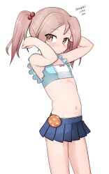 Rule 34 | 1girl, absurdres, badge, bikini, blue bikini, blue skirt, cowboy shot, frilled bikini, frills, hair bobbles, hair ornament, highres, kantai collection, looking at viewer, maru (marg0613), navel, official alternate costume, one-hour drawing challenge, pink eyes, pink hair, pleated skirt, sazanami (kancolle), short hair, simple background, skirt, solo, swimsuit, twintails, white background