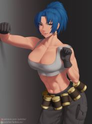 Rule 34 | 1girl, abs, adjusting clothes, bad id, bad pixiv id, bare shoulders, belt, biceps, black gloves, blue eyes, blue hair, breasts, collarbone, earrings, gas can, gloves, highres, jewelry, leona heidern, midriff, muscular, muscular female, pants, ponytail, pouch, putcher, simple background, sleeveless, smile, solo, standing, tank top, the king of fighters, the king of fighters xv, triangle earrings, white tank top