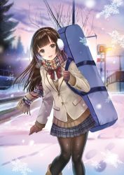 Rule 34 | 1girl, :d, bad id, bad twitter id, bag, bare tree, black pantyhose, blazer, blunt bangs, blush, boots, bow, bowtie, brown gloves, brown hair, brown scarf, earmuffs, footprints, fringe trim, gloves, grey skirt, hanekoto, holding, holding bag, jacket, looking at viewer, open mouth, original, outdoors, pantyhose, plaid, plaid scarf, plaid skirt, pleated skirt, pocket, red bow, red bowtie, road, scarf, school uniform, shirt, skirt, smile, snow, snowflakes, solo, sweater, tree, white shirt