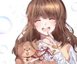Rule 34 | 1girl, ^ ^, animal, bad id, bad pixiv id, bandaid, bandaid on hand, bell, brown headwear, bubble, closed eyes, collar, dog, facing viewer, holding, holding animal, holding dog, jingle bell, long hair, long sleeves, original, red ribbon, ribbon, ronpu cooing, shirt, smile, solo, upper body, vest, white background, white shirt