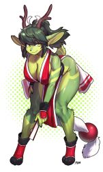 Rule 34 | 1girl, absurdres, animal ears, antlers, bent over, breasts, cleavage, commentary, cosplay, english commentary, full body, furry, furry female, green eyes, green fur, green hair, highres, horns, large breasts, looking at viewer, original, pgm300, ponytail, shiranui mai, shiranui mai (cosplay), smirk, snk, solo, standing, tail, the king of fighters, watermark