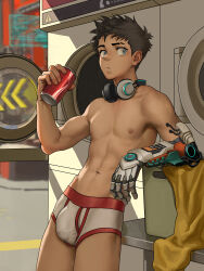 Rule 34 | 1boy, absurdres, black hair, blue eyes, bulge, can, closed mouth, cowboy shot, eyebrow cut, headphones, headphones around neck, highres, holding, holding can, looking at viewer, male focus, male underwear, mechanical arms, navel, nipples, original, short hair, solo, toned, toned male, underwear, underwear only, washing machine, white male underwear, zhenghu94870708