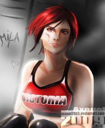 Rule 34 | 1girl, absurdres, axouel2009, black hair, boxing gloves, breasts, character name, dead or alive, dead or alive 5, eyelashes, highres, lips, mila (doa), multicolored hair, nose, red eyes, red hair, short hair, solo, sports bra, sweat, watermark, web address