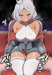 Rule 34 | 1boy, 1girl, assertive female, bald, blue hair, breasts, censored, chyazuke syake, clothed female nude male, cum, ejaculation, erection, grey hair, gundam, gundam suisei no majo, head out of frame, hetero, japanese text, large breasts, mosaic censoring, motion lines, nude, penis, precum, rubbing, secelia dote, shirt, smile, sound effects, thigh sex, thighhighs, white shirt, white thighhighs