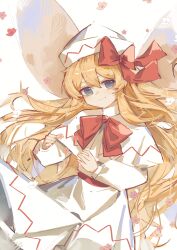 Rule 34 | 1girl, absurdres, blonde hair, blue eyes, blush, capelet, closed mouth, dress, fairy, fairy wings, flower, hair between eyes, hat, highres, huangyou, lily white, long hair, long sleeves, looking at viewer, pink flower, smile, solo, touhou, white capelet, white dress, white hat, wings