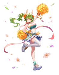 Rule 34 | 1girl, :&lt;, absurdres, arm up, artist request, asymmetrical legwear, breasts, closed mouth, confetti, crop top, flower, full body, green hair, guardian tales, hair flower, hair ornament, highres, long hair, looking at viewer, mayreel (guardian tales), medium breasts, official art, pom pom (cheerleading), purple eyes, shoes, side ponytail, simple background, single thighhigh, skirt, sleeveless, solo, thighhighs, transparent background, white thighhighs