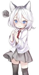 Rule 34 | 1girl, animal ear fluff, animal ears, black thighhighs, blue eyes, cat ears, fang, fang out, grey background, grey hair, grey skirt, hair between eyes, hatching (texture), highres, medium hair, multicolored hair, necktie, red: pride of eden, red necktie, scribble, simple background, skirt, solo, sunege (hp0715), thighhighs, wavy mouth, white hair