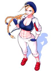 Rule 34 | 1girl, abs, ap cammy, blonde hair, breasts, cammy white, capcom, cleavage, fingerless gloves, gloves, hat, highres, jacket, large breasts, long hair, pants, shoes, sports bra, street fighter