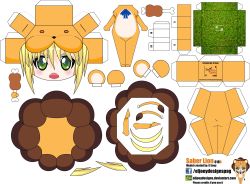 Rule 34 | 1girl, ahoge, animal costume, artist name, artoria pendragon (fate), blonde hair, blush, boned meat, character name, chibi, el joey, fangs, fate/stay night, fate/tiger colosseum, fate (series), food, grass, green eyes, highres, lion costume, meat, open mouth, paper cutout, papercraft, saber (fate), saber lion, solo, tail