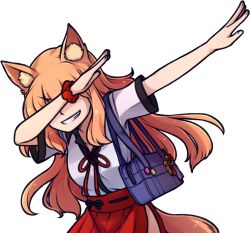 Rule 34 | 1girl, animal ear fluff, animal ears, armband, bag, blonde hair, breasts, dab (dance), closed eyes, fate/extra, fate/extra ccc, fate/extra ccc fox tail, fate/grand order, fate (series), fox ears, fox girl, fox tail, japanese clothes, long hair, pleated skirt, red ribbon, red skirt, ribbon, school bag, school uniform, shirt, short sleeves, skirt, small breasts, smirk, smug, speckticuls, suzuka gozen (fate), tail, transparent background, white shirt