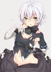 Rule 34 | 1girl, ass, bandaged arm, bandages, black gloves, blush, breasts, cleavage, collarbone, dated, facial scar, fate/apocrypha, fate (series), fingerless gloves, gloves, green eyes, grey background, hair between eyes, highres, hip focus, jack the ripper (fate/apocrypha), looking at viewer, medium breasts, navel, nebusoku, parted lips, scar, scar across eye, scar on cheek, scar on face, short hair, signature, silver hair, simple background, single fingerless glove, solo, twitter username