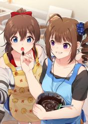 Rule 34 | 2girls, ahoge, apron, black shirt, blue apron, blue eyes, blue scrunchie, blurry, blurry background, bow, bowl, bowtie, brown hair, chocolate, commentary, drill hair, grey shirt, grin, hair bow, holding, holding bowl, idolmaster, idolmaster million live!, indoors, jewelry, kamille (vcx68), long sleeves, medium hair, mixing bowl, multiple girls, necklace, open mouth, orange apron, pinky out, ponytail, print scrunchie, purple eyes, red bow, red bowtie, satake minako, scrunchie, shirt, shirt straps, short sleeves, side-by-side, side ponytail, sidelocks, smile, spatula, star (symbol), star print, t-shirt, valentine, yokoyama nao
