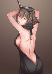 Rule 34 | 10s, 1girl, alternate costume, arched back, arms up, artist name, ass, back, back focus, backless outfit, bare arms, bare back, bare shoulders, black ribbon, black sweater, blush, breasts, brown background, brown hair, butt crack, cowboy shot, dress, from behind, green eyes, grin, hamushima, kantai collection, large breasts, looking at viewer, looking back, meme attire, mutsu (kancolle), no bra, parted lips, pink lips, ribbon, short hair, shoulder pads, sideboob, simple background, sleeveless, smile, solo, standing, sweater, sweater dress, teeth, turtleneck, turtleneck sweater, virgin killer sweater