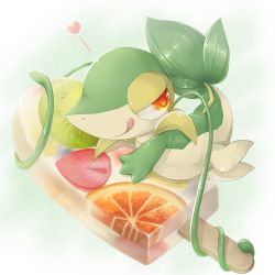Rule 34 | animal focus, closed mouth, creatures (company), food, food focus, fruit, full body, game freak, gen 5 pokemon, gradient background, green background, half-closed eyes, happy, heart, highres, in food, kakiikada, kiwi (fruit), kiwi slice, licking lips, looking to the side, lying, nintendo, no humans, on side, orange (fruit), orange slice, oversized food, oversized object, pokemon, pokemon (creature), popsicle, red eyes, shiny skin, sideways mouth, simple background, smile, snivy, solo, strawberry, tentacles, tongue, tongue out