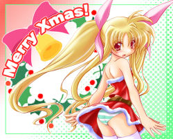 Rule 34 | 00s, 1girl, artist request, ass, bell, belt, blonde hair, blush, bow, brown belt, christmas, fate testarossa, from behind, fur-trimmed shirt, fur-trimmed skirt, fur trim, green background, green panties, hair ribbon, long hair, looking at viewer, looking back, lyrical nanoha, mahou shoujo lyrical nanoha, merry christmas, mistletoe, multicolored background, open mouth, panties, red background, red bow, red eyes, red shirt, red skirt, ribbon, santa costume, shirt, skirt, smile, standing, strapless, striped clothes, striped panties, thighhighs, tube top, twintails, underwear, white background, white thighhighs, wreath