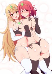Rule 34 | 2girls, ass, back, bikini, black bikini, blonde hair, blush, grabbing another&#039;s breast, breasts, come hither, curvy, earrings, elbow gloves, gloves, grabbing, green eyes, heart, highres, interlocked fingers, jewelry, large breasts, long hair, looking at viewer, looking back, multiple girls, mythra (xenoblade), navel, nintendo, open mouth, ponponmaru, pyra (xenoblade), red eyes, red hair, selfcest, shiny skin, short hair, sideboob, skindentation, smile, stomach, swimsuit, thick thighs, thighhighs, thighs, tiara, white background, white bikini, wide hips, xenoblade chronicles (series), xenoblade chronicles 2, yuri