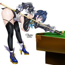 Rule 34 | 1girl, ass, ball, bent over, billiard ball, black gloves, black thighhighs, blue eyes, blue footwear, blue hair, blush, breasts, crop top, detached sleeves, from side, gloves, hanging breasts, high heels, highres, holocouncil, hololive, hololive english, large breasts, long sleeves, miniskirt, ouro kronii, ouro kronii (1st costume), pool table, short hair, simple background, skirt, solo, standing, table, thighhighs, tisole dead, underboob, virtual youtuber, white background