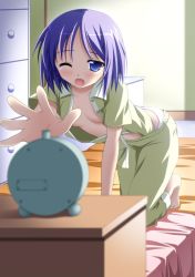 Rule 34 | 00s, 1girl, alarm clock, all fours, barefoot, bed, blurry, clock, clothes pull, depth of field, feet, flat chest, hiiragi tsukasa, lucky star, one eye closed, open clothes, open shirt, pajamas, panties, pants, pants pull, purple eyes, purple hair, shirt, short hair, sleepy, solo, tears, toes, tsuda akira, underwear, wink