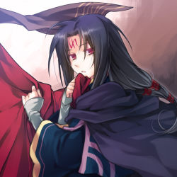 Rule 34 | 1boy, black hair, cape, facial mark, fire emblem, fire emblem: path of radiance, forehead mark, holding, holding cape, holding clothes, long hair, long sleeves, looking at viewer, male focus, nintendo, parted bangs, parted lips, purple cape, red cape, red eyes, shuri yasuyuki, solo, soren (fire emblem), upper body, wide sleeves