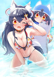 Rule 34 | 2girls, ;d, absurdres, aged down, animal ear fluff, animal ears, animal hat, arm support, bad id, bad pixiv id, bikini, black hair, blush, cat hat, dual persona, flipped hair, hair ornament, hairclip, hat, highres, hololive, long hair, looking at viewer, multicolored hair, multiple girls, ocean, one eye closed, ookami mio, ookami mio (hololive summer 2019), open mouth, orange eyes, red hair, sidelocks, smile, streaked hair, swimsuit, taiga (ookami mio), tail, v over eye, virtual youtuber, wappa, wolf ears, wolf girl, wolf tail