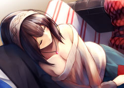 Rule 34 | 1boy, 1girl, absurdres, bare shoulders, book, breasts, brown hair, cleavage, commentary request, couch, dutch angle, closed eyes, formal, hairband, highres, holding, holding book, idolmaster, idolmaster cinderella girls, jewelry, leaning on person, long hair, lying, medium breasts, megurumiru, necklace, necktie, off-shoulder, off-shoulder sweater, on side, pendant, ribbed sweater, sagisawa fumika, shawl, sitting, sleeping, suit, sweater