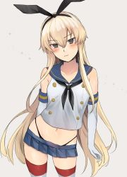 Rule 34 | 1girl, anchor hair ornament, black hairband, black neckerchief, black panties, blonde hair, blue sailor collar, collaboration, commentary request, cowboy shot, crop top, elbow gloves, gloves, grey background, grey eyes, hagioshi, hair ornament, hairband, highleg, highleg panties, highres, kantai collection, long hair, looking at viewer, microskirt, miniskirt, neckerchief, panties, sailor collar, shimakaze (kancolle), simple background, skirt, solo, striped clothes, striped thighhighs, thighhighs, toriniku senshi chikinman, underwear, white gloves