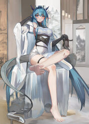 Rule 34 | 1girl, absurdres, arknights, barefoot, blue eyes, blue hair, blush, bm (bm364364), crossed legs, dragon tail, feet, highres, horns, ling (arknights), long hair, looking at viewer, parted lips, pointy ears, shoes, unworn shoes, soles, tail, toes