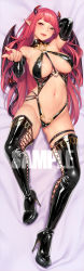 Rule 34 | 1girl, armpits, arms up, black footwear, boots, bracelet, breasts, commentary request, dakimakura (medium), demon girl, demon tail, demon wings, fangs, fingernails, high heel boots, high heels, horns, jewelry, large breasts, long hair, looking at viewer, masami chie, nail polish, navel, official art, original, pointy ears, sample watermark, smile, solo, tail, thigh boots, thighhighs, very long hair, watermark, wings