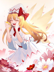 Rule 34 | 1girl, arms up, blonde hair, blue eyes, blush, bow, breasts, buttons, closed eyes, dress, fairy wings, flower, frilled dress, frills, hair between eyes, happy, hat, hat bow, highres, lily white, long hair, long sleeves, medium breasts, open mouth, petals, red bow, red flower, repoi, shouting, sky, smile, solo, standing, teeth, tongue, touhou, upper teeth only, white dress, white hat, wide sleeves, wings