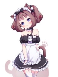 Rule 34 | 1girl, animal ear fluff, animal ears, apron, bare shoulders, black dress, blue eyes, bow, brown hair, cat ears, cat girl, cat tail, choker, cuffs, dress, garter straps, hair bow, head tilt, highres, long hair, maid, maid headdress, open mouth, original, ribbon, setmen, simple background, solo, strapless, strapless dress, tail, thighhighs, two side up, white apron, white background, white thighhighs
