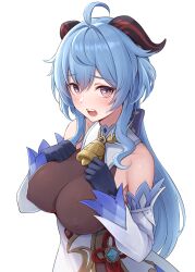 Rule 34 | 1girl, absurdres, ahoge, bare shoulders, bell, black gloves, blue hair, blush, breasts, chinese knot, covered erect nipples, detached sleeves, ganyu (genshin impact), genshin impact, gloves, goat horns, hands on own chest, highres, horns, large breasts, long hair, looking at viewer, neck bell, open mouth, purple eyes, sidelocks, simple background, solo, sweatdrop, upper body, very long hair, warubo, wavy hair, white background