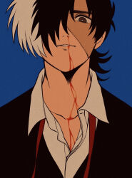 Rule 34 | 1boy, ayacha, black hair, black jack (character), black jack (series), blood, blue background, bright pupils, brown eyes, collarbone, collared shirt, film grain, hair over one eye, highres, looking at viewer, male focus, multicolored hair, neck ribbon, nosebleed, open clothes, open collar, open shirt, parted lips, patchwork skin, red ribbon, ribbon, shirt, short hair, simple background, solo, split-color hair, two-tone hair, undone neck ribbon, upper body, white hair, white pupils, white shirt