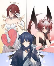 Rule 34 | 3girls, :t, angel and devil, animal ears, arknights, bird ears, black collar, black dress, black gloves, black wings, blue hair, breasts, chain, cleavage, closed eyes, collar, dark halo, detached sleeves, doughnut, dress, eating, elbow gloves, energy wings, exusiai (arknights), fiammetta (arknights), food, fur-trimmed hood, fur-trimmed jacket, fur trim, gloves, hair between eyes, hair over one eye, halo, hand up, heart, heart-shaped pillow, highres, holding, holding food, holding pillow, hood, hood down, hooded jacket, jacket, layered sleeves, long sleeves, medium breasts, mostima (arknights), multiple girls, open clothes, open jacket, pillow, quanx70909457, red eyes, red hair, shirt, short hair, smile, spiked collar, spikes, strapless, strapless dress, v, white dress, white gloves, white shirt, wings, yellow eyes