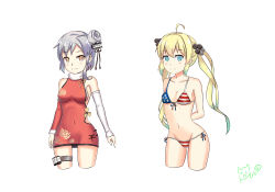 Rule 34 | 2girls, absurdres, ahoge, albacore (warship girls r), american flag bikini, american flag print, arms behind back, bikini, blonde hair, blue eyes, blush, breasts, china dress, chinese clothes, cropped legs, detached sleeves, dress, flag print, front-tie top, groin, highres, matcha (9455428), multiple girls, navel, ping hai (warship girls r), print bikini, side-tie bikini bottom, sideboob, small breasts, smile, swimsuit, thigh strap, thighs, twintails, warship girls r, white background