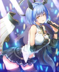 Rule 34 | + +, 1girl, azur lane, bare shoulders, belt, black jacket, black skirt, black thighhighs, blue hair, bracelet, breasts, cowboy shot, cross, detached sleeves, gascogne (azur lane), gascogne (muse) (azur lane), glint, gloves, halo, hand on own chest, hand up, headgear, highres, holding, holding microphone, idol, jacket, jewelry, leaning forward, looking at viewer, mechanical halo, medium breasts, microphone, miniskirt, multicolored hair, navel, off shoulder, parted lips, shirt, short hair, single glove, skirt, sleeveless, sleeveless shirt, solo, streaked hair, thighhighs, toki (toki ship8), white gloves, white shirt, yellow eyes, zettai ryouiki