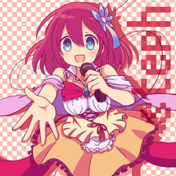 Rule 34 | 1girl, :d, aqua eyes, bad id, bad pixiv id, bow, bowtie, breasts, character name, detached collar, dress, flower, hair flower, hair ornament, highres, large breasts, long hair, looking at viewer, microphone, music, no game no life, open mouth, red hair, singing, smile, solo, stephanie dora, yuiti hinata