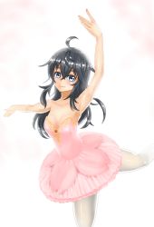 Rule 34 | 1girl, arabesque (pose), arm over head, arm up, ballerina, ballet, black hair, blue eyes, blush, breasts, cleavage, fringe trim, highres, leg up, long hair, looking at viewer, medium breasts, netoge no yome wa onna no ko janai to omotta?, outstretched arm, pantyhose, risikoayafumi, solo, tamaki ako, thick thighs, thighs, tutu
