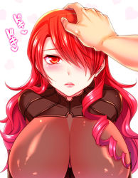 Rule 34 | 1girl, blush, breasts, cleavage, drill hair, eyelashes, hair over one eye, halterneck, headpat, heart, kirijou mitsuru, large breasts, lips, long hair, looking at viewer, persona, persona 3, persona 4: the ultimate in mayonaka arena, red eyes, red hair, shibuki oroshi, shiny clothes, simple background, skin tight, solo focus, tsurime, upper body, wavy hair, white background