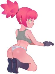 Rule 34 | 1girl, ass, black gloves, boots, gloves, highres, leona heidern, monster l (hochihochiha), no pants, orochi leona, panties, ponytail, red hair, simple background, solo, striped clothes, striped panties, the king of fighters, thighhighs, underwear, white background, yellow eyes