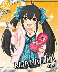 Rule 34 | ahoge, artist request, black hair, blue bow, blush, bottle, bow, brown eyes, card (medium), character name, cowboy shot, dress, english text, hair bow, hair ornament, heart, heart necklace, holding, holding bottle, idolmaster, idolmaster cinderella girls, jewelry, long hair, makeup, matoba risa, necklace, print bow, smile, source request, star (symbol), twintails