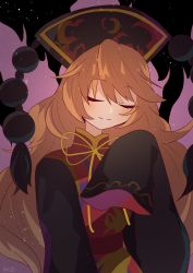 Rule 34 | absurdres, black headwear, blonde hair, blush, closed eyes, closed mouth, commentary request, dress, facing viewer, hair between eyes, hand up, hat, highres, junko (touhou), long hair, long sleeves, red dress, sleeveless, sleeveless dress, sleeves past fingers, sleeves past wrists, smile, tomomasa (coralsea23), touhou, very long hair