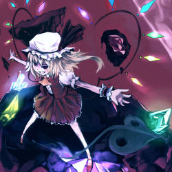 Rule 34 | 1girl, :d, blonde hair, dress, female focus, flandre scarlet, hat, hat ribbon, laevatein, open mouth, outstretched arms, puffy sleeves, red eyes, ribbon, shoes, short hair, side ponytail, smile, solo, suisai (suisao), touhou, wings