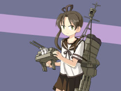 Rule 34 | 1girl, adapted turret, ayanami (kancolle), brown eyes, brown hair, brown sailor collar, brown skirt, cannon, commentary, cowboy shot, english commentary, kantai collection, long hair, looking at viewer, machinery, pleated skirt, purple background, sailor collar, school uniform, serafuku, side ponytail, sixten, skirt, smokestack, solo, torpedo launcher, turret, two-tone background