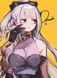 Rule 34 | 1girl, artist name, black bow, black dress, black gloves, bow, braid, breasts, brown background, covered collarbone, danganronpa: trigger happy havoc, danganronpa (series), danganronpa 10th anniversary costume, dress, gloves, hair bow, hand on own face, hand up, highres, kirigiri kyoko, large breasts, long hair, looking to the side, official alternate costume, purple eyes, rina (crystalrina), see-through, upper body