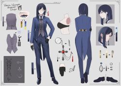 Rule 34 | 1girl, absurdres, asymmetrical hair, black bra, black footwear, black gloves, black hair, black necktie, blue eyes, blue hair, bra, braid, character name, character sheet, commentary, dress shoes, earrings, english commentary, english text, gloves, green eyes, hair ornament, hairclip, hand on own hip, highres, indie virtual youtuber, jewelry, mixed-language commentary, monocle, monocle chain, multicolored hair, multiple views, necktie, second-party source, single braid, streaked hair, surya, tuxedo, underwear, verin varenya